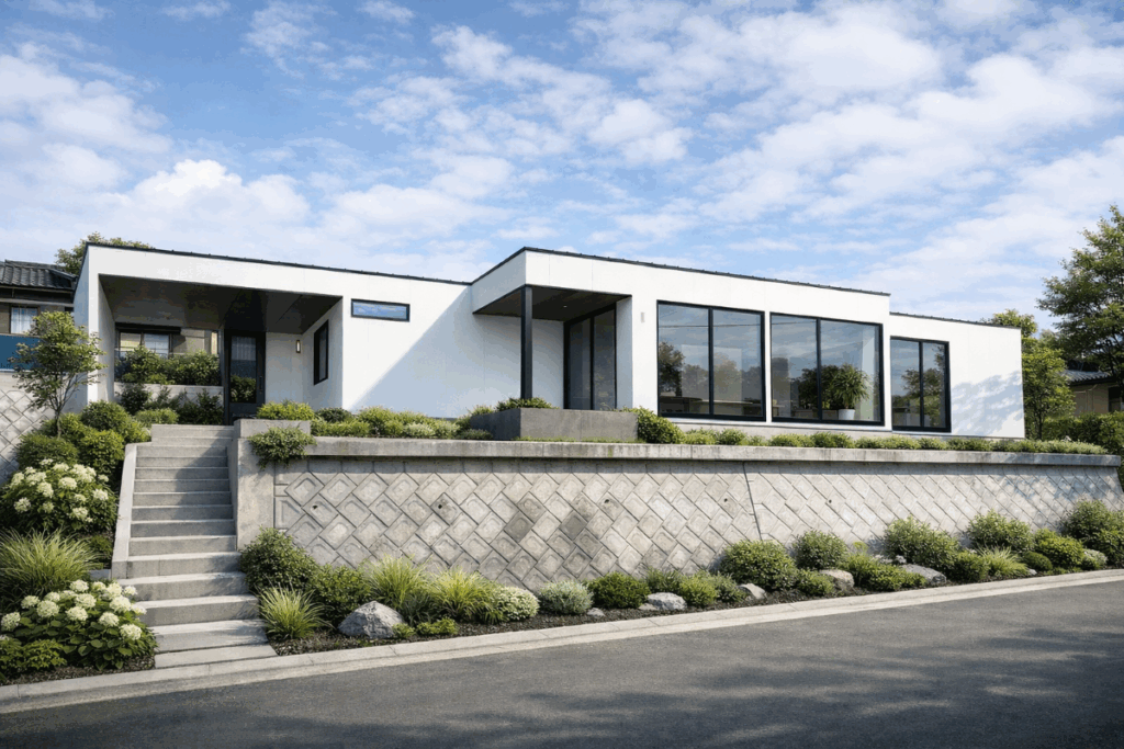 白の平屋の外観